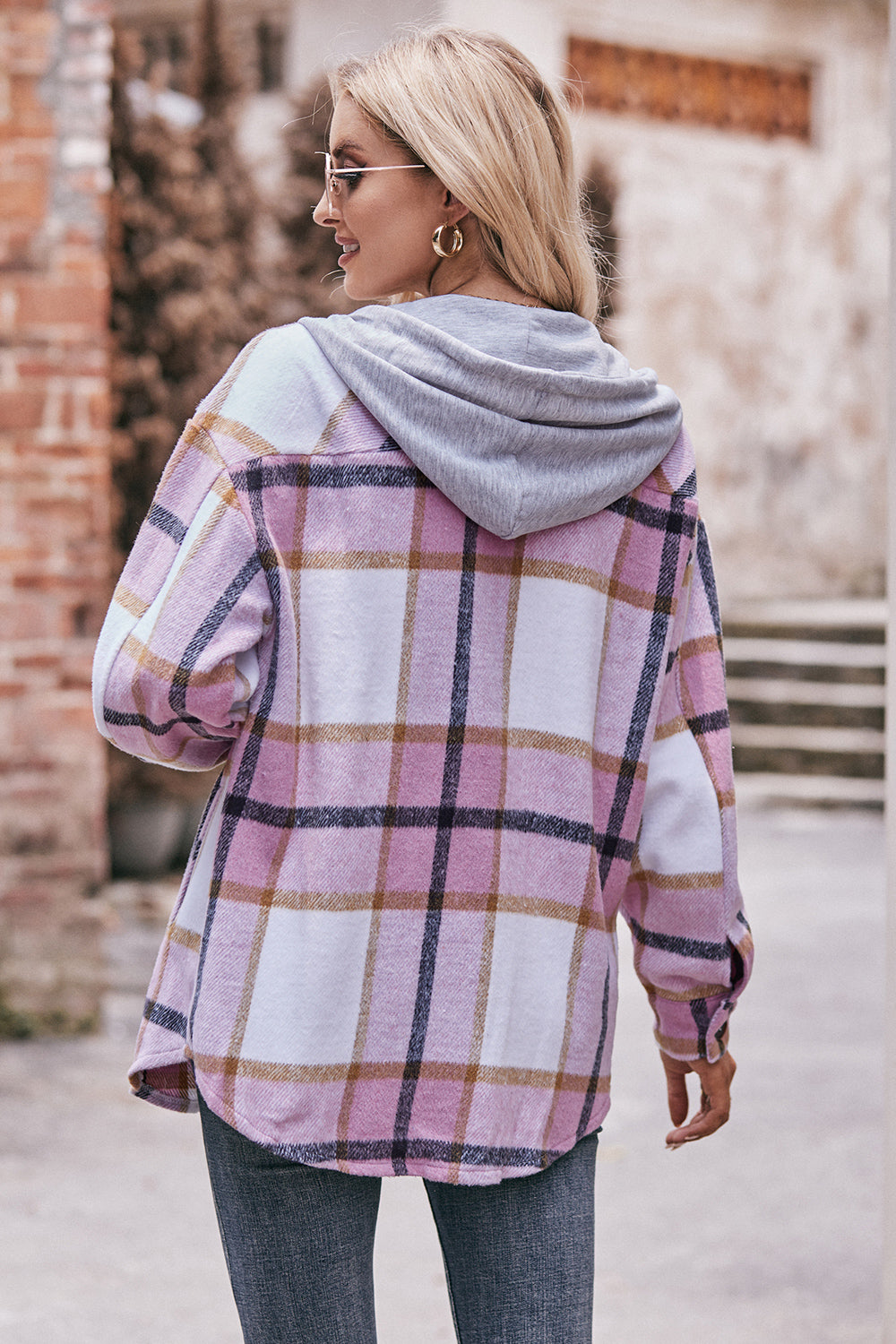 Plaid Dropped Shoulder Hooded Jacket - T - 5 COLORS -