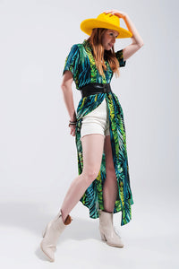 Thumbnail for Q2 - Maxi Shirt Dress in Tropical Print - Belt not included - Beach or Everyday - 1 COLOR -