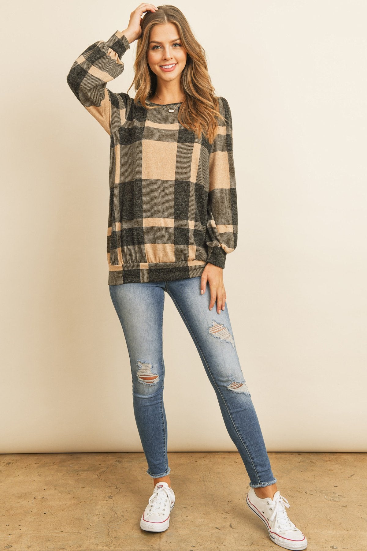 Riah Fashion - Plaid Round Neck Long Sleeve Top - 2 COLORS -