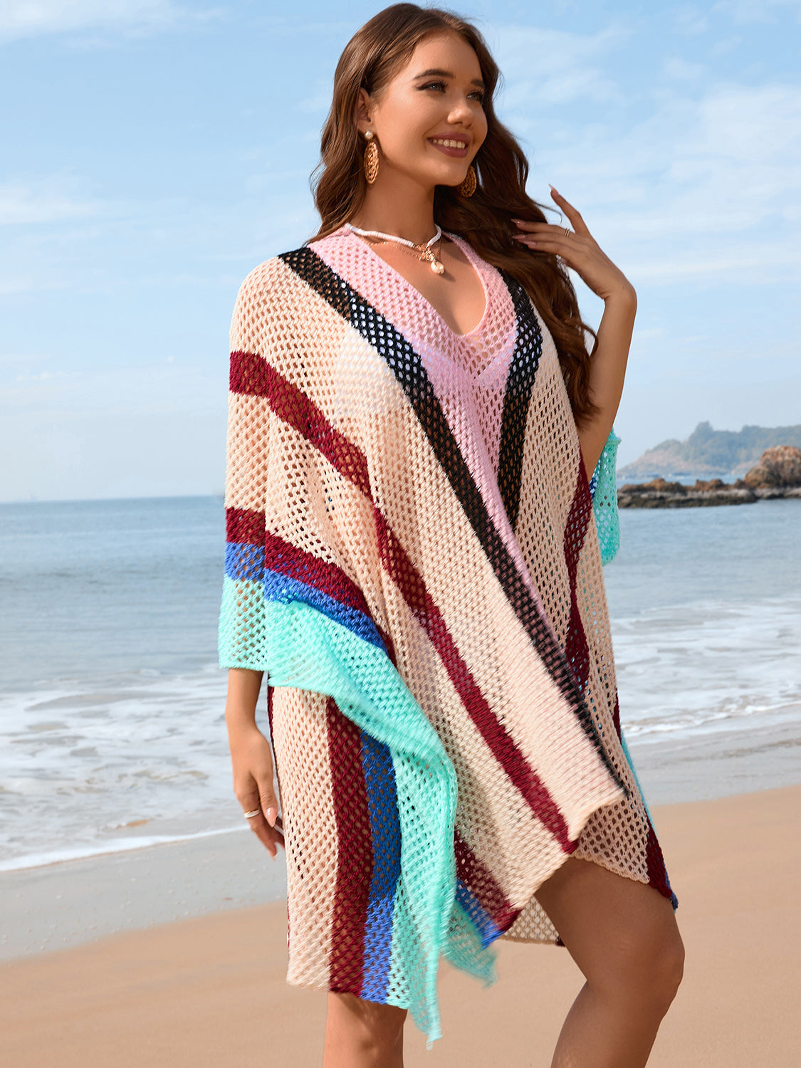 Openwork Color Block Plunge Cover-Up - T - 4 COLORS -