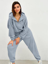 Thumbnail for Half Zip Drawstring Hoodie and Pants Set - 2 PCS. - T - 5 COLORS -