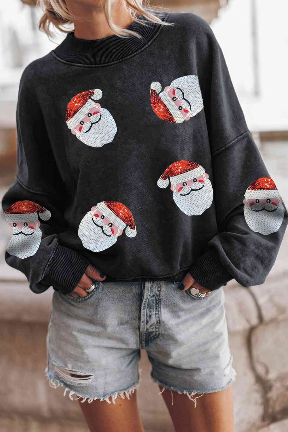 Sequin Santa Patch Round Neck Sweatshirt - T - 2 COLORS -