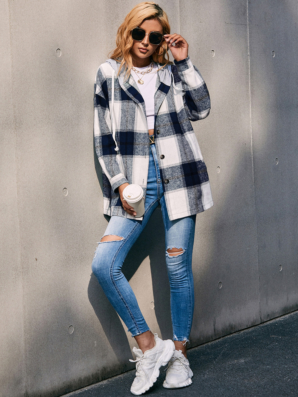 Plaid Dropped Shoulder Hooded Jacket - T - 4 COLORS -