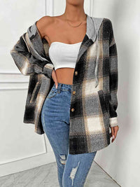 Thumbnail for Plaid Drawstring Hooded Jacket - T - 1 COLOR -