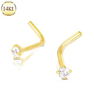 14Kt Yellow Gold Prong Set Clear CZ L Bend Nose Ring -