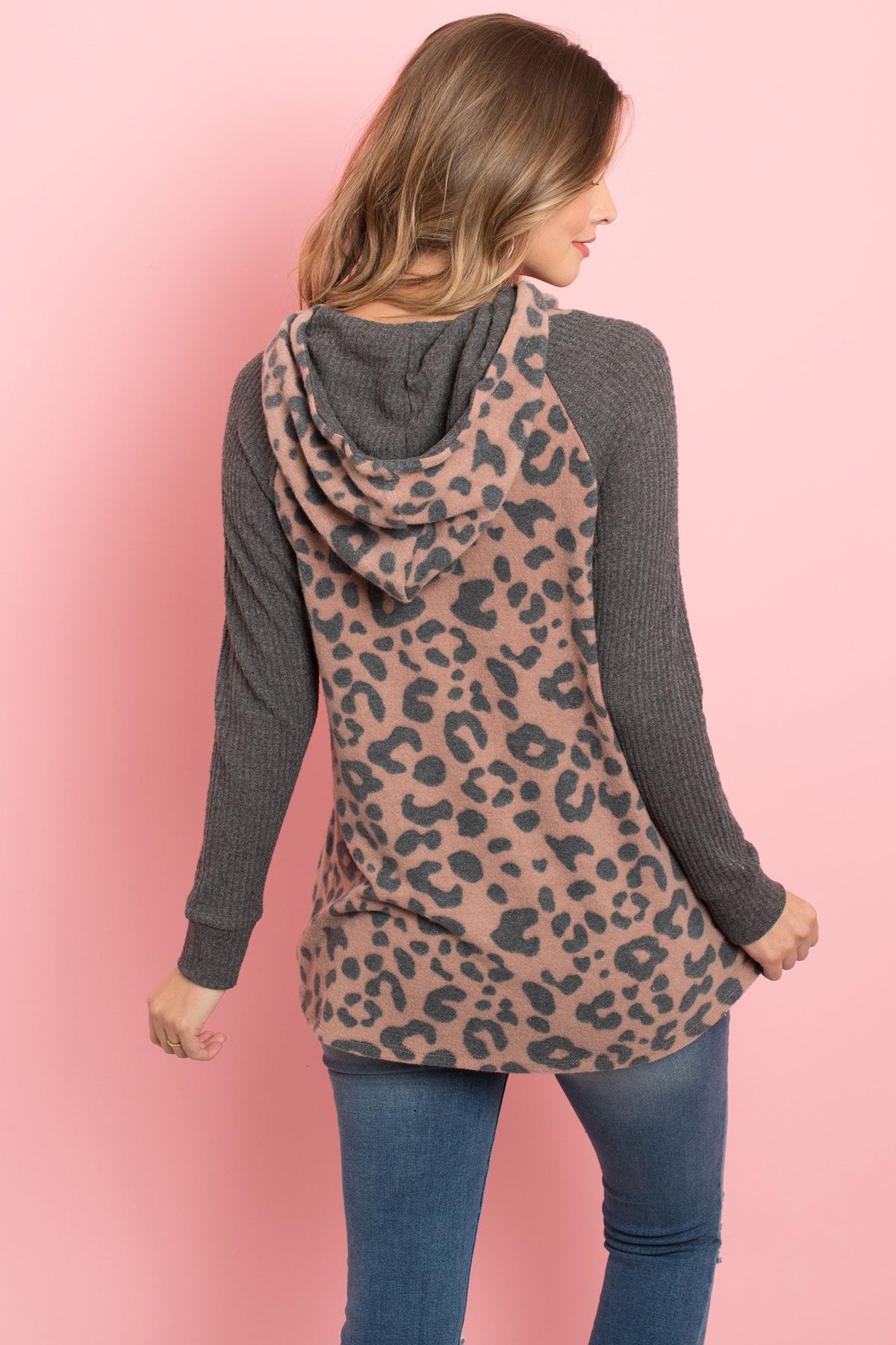 Riah Fashion - Waffle Sleeve Leopard Drawstring Hoodie - 3 COLORS -