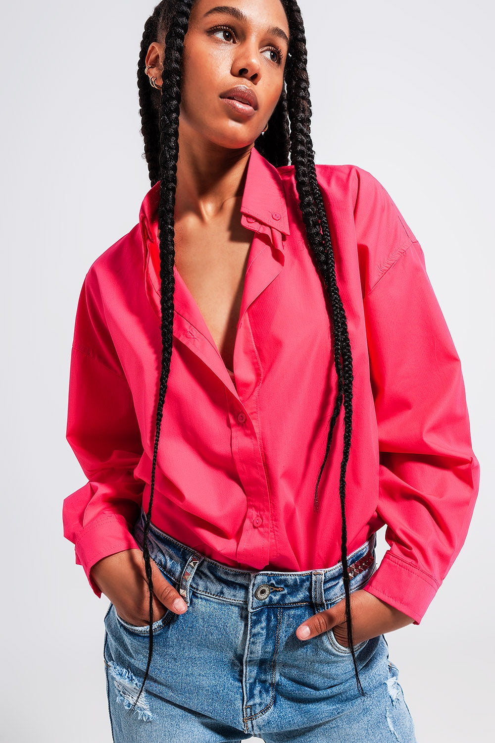 Q2 - Button Front Shirt in Fuchsia - 1 COLOR -