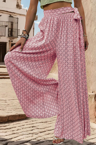 Printed Tied Wide Leg Pants - T - 3 COLORS -