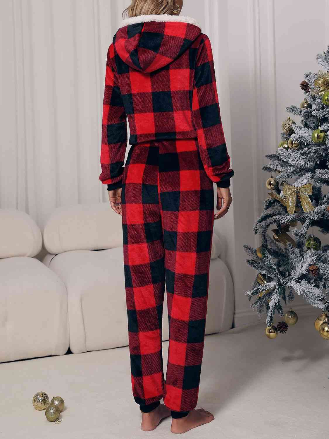 Plaid Zip Front Long Sleeve Hooded Lounge Jumpsuit - T - 1 COLOR -