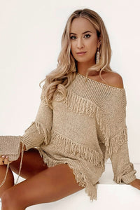 Thumbnail for Fringe Detail Long Sleeve Sweater - T - 2 COLORS -