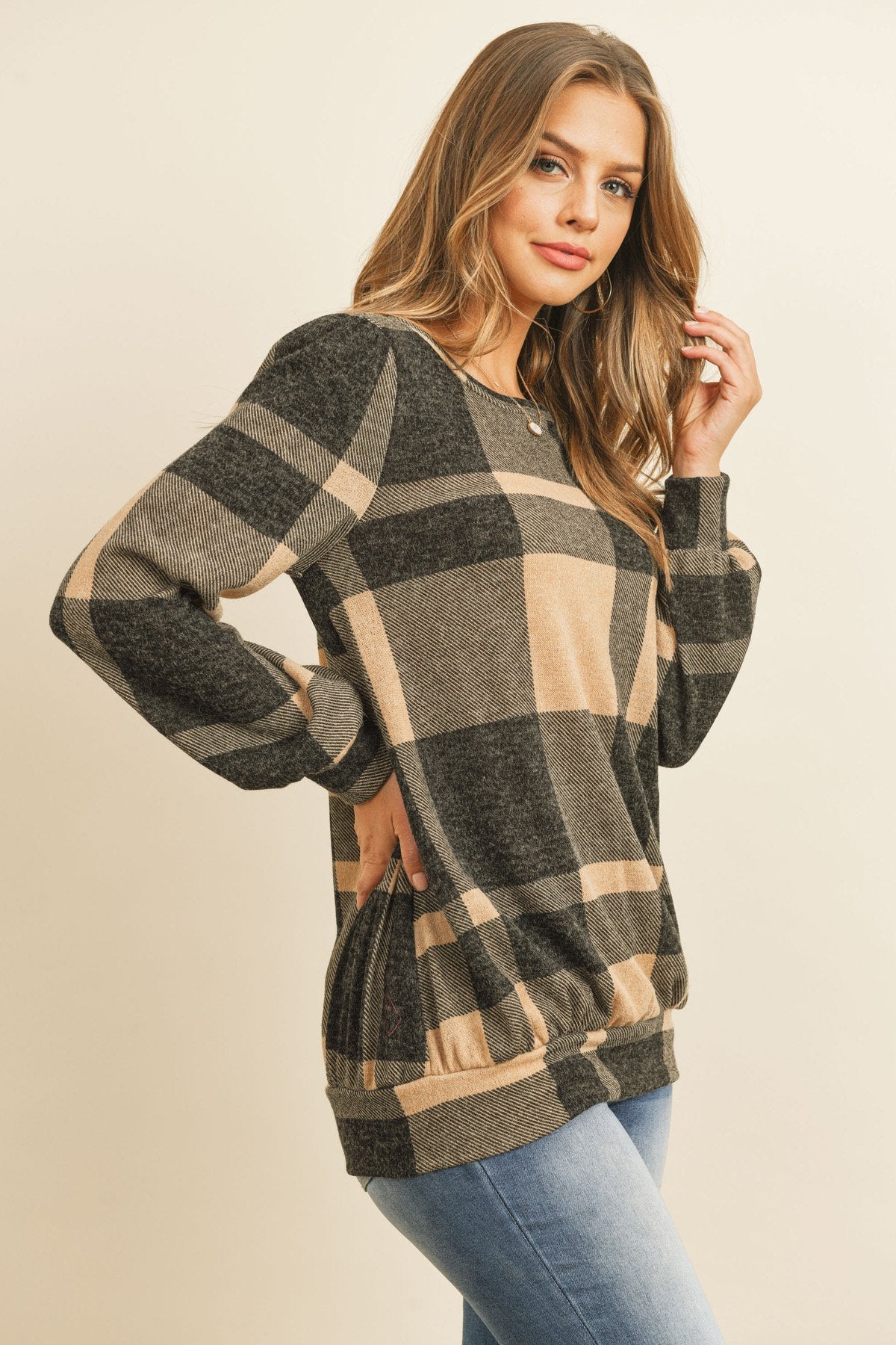 Riah Fashion - Plaid Round Neck Long Sleeve Top - 2 COLORS -