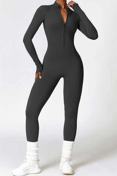 Zip Up Long Sleeve Slim Active Jumpsuit - T - 1 COLOR -