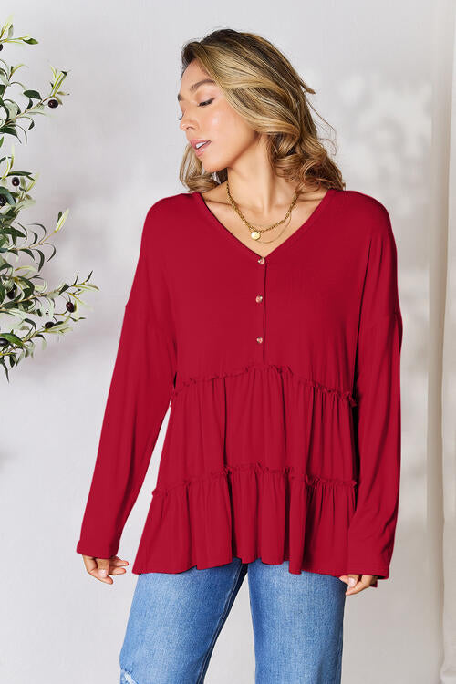 Double Take Half Button Long Sleeve Ruffle Hem Blouse - SIZES S THRU 3XL - T - 7 COLORS -