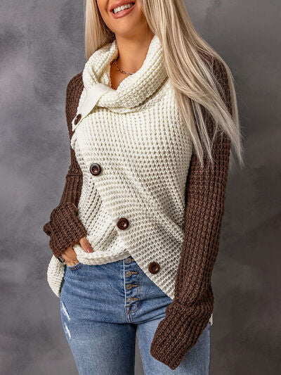 Contrast Decorative Button Turtleneck Sweater - T - 4 COLORS -