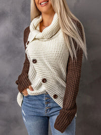 Thumbnail for Contrast Decorative Button Turtleneck Sweater - T - 4 COLORS -