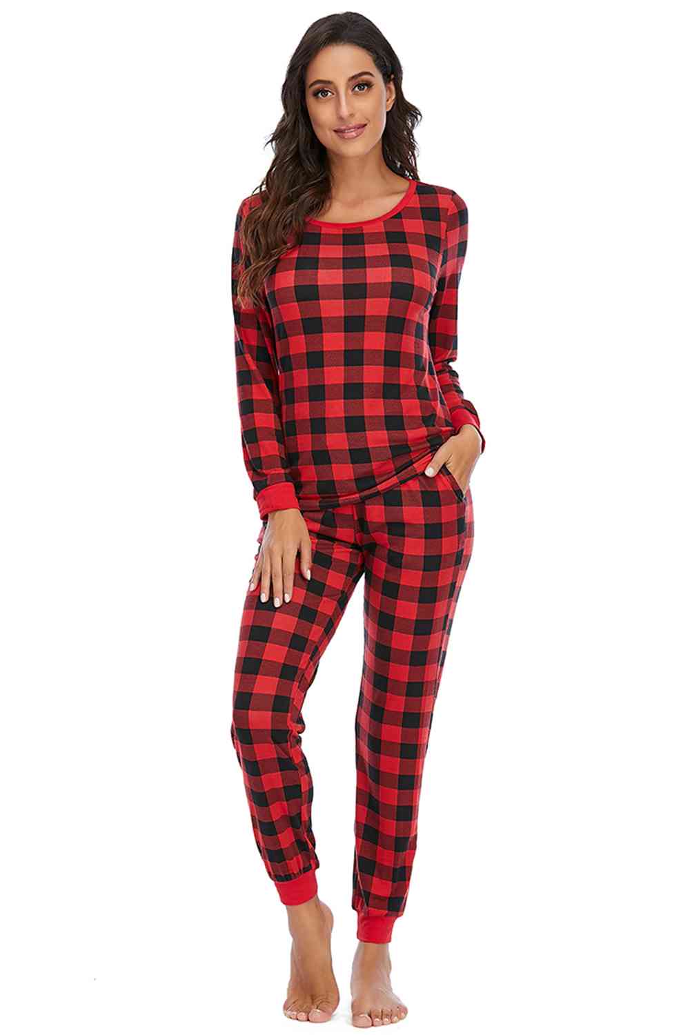 Plaid Round Neck Top and Pants Set - T - 2 COLORS -