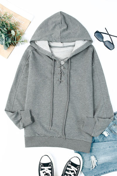 Lace-Up Dropped Shoulder Hoodie - T - 8 COLORS -