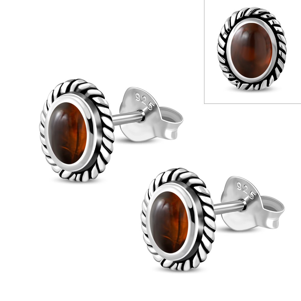 Creidne - Oval Baltic Amber Stud Silver Earrings - 2 PCS. -