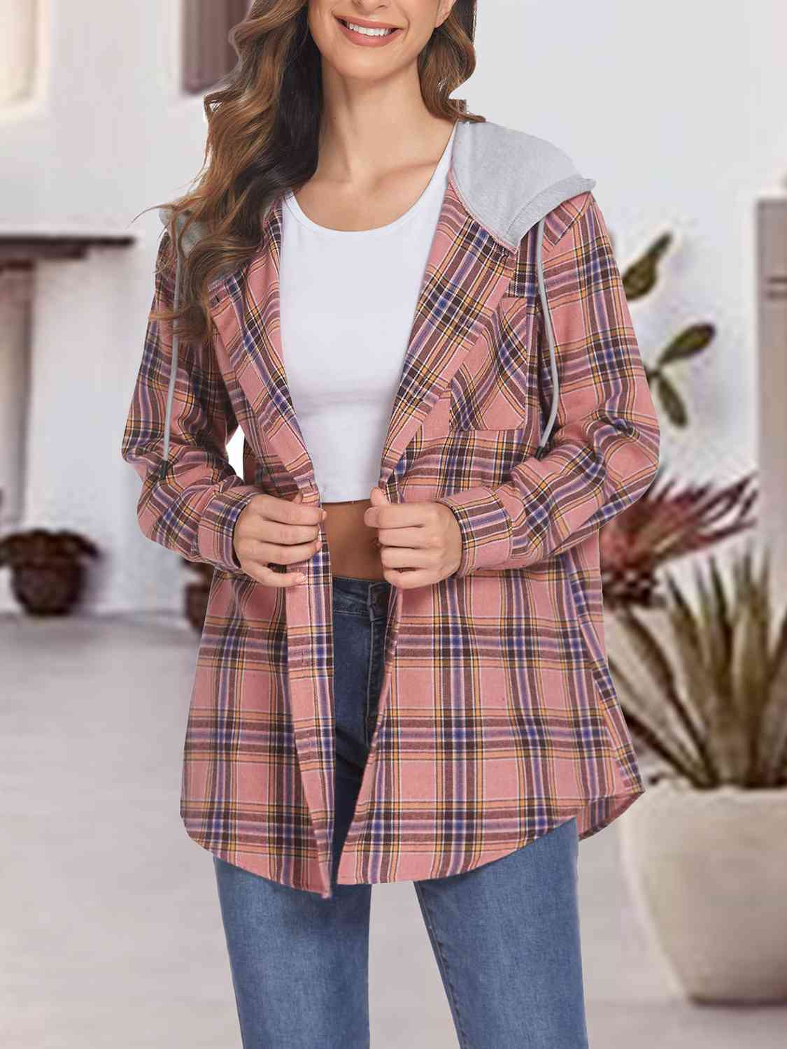 Plaid Drawstring Button Up Hooded Shirt - T - 5 COLORS -