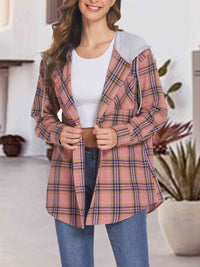 Thumbnail for Plaid Drawstring Button Up Hooded Shirt - T - 5 COLORS -