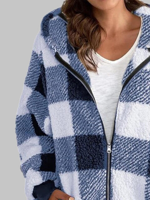 Plaid Zip-Up Hooded Jacket with Pockets - T - 7 COLORS -