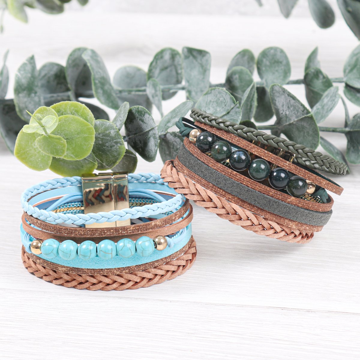 Riah Fashion - Leather Braided Beads Wrap Magnetic Bracelet - 9 COLORS -