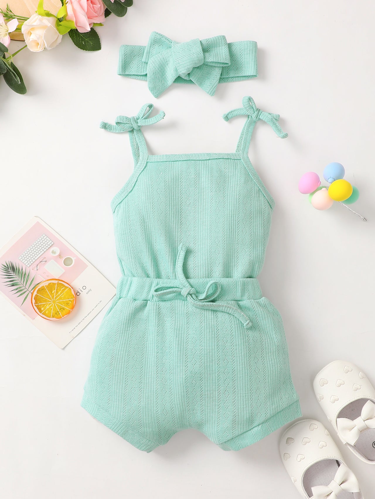 Baby Girl Waffle-Knit Tie-Shoulder Top and Shorts Set with Headband - 3 PCS - T - 2 COLORS -