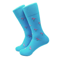 Thumbnail for Summer Ties - Flamingo Socks - Men's Mid Calf - Pink on Aqua Blue - 1 COLOR -