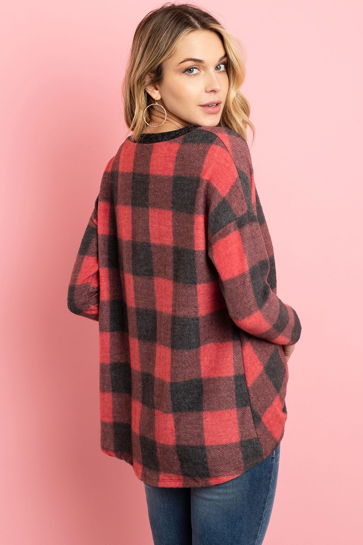 Riah Fashion - Brushed V-Neck Plaid Long Sleeve Knot Top - 2 COLORS -