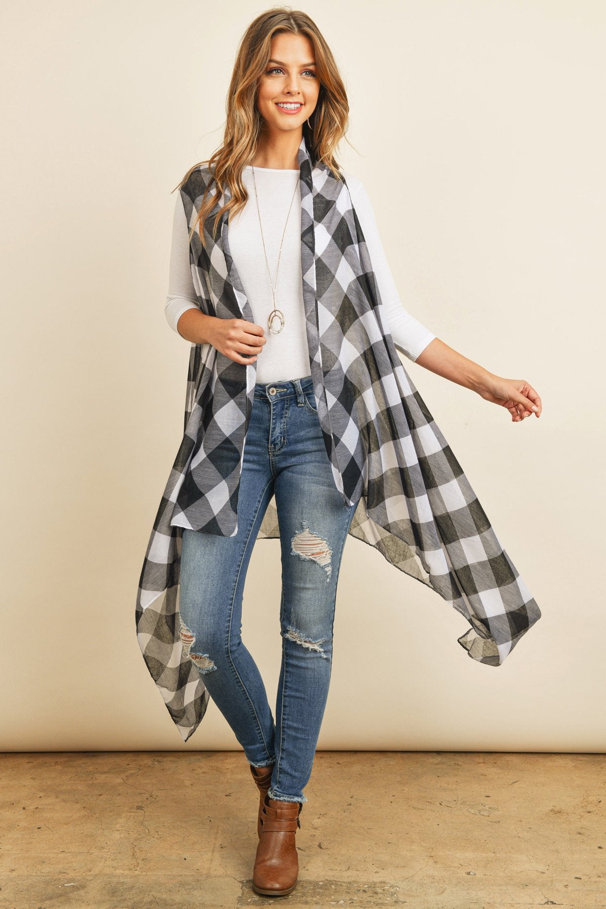 Riah Fashion - Black Plaid Knee Length Kimono Cardigan - 1 COLOR -