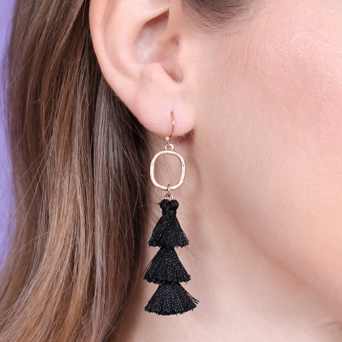 Three Drop Tassel With Metal Hook Earrings - 11 COLORS -