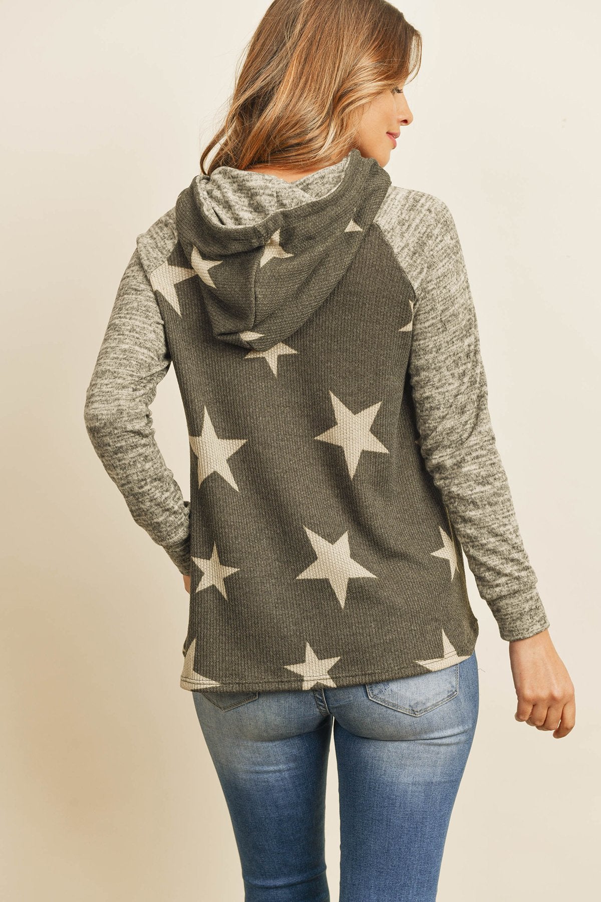 Riah Fashion - Brushed Hacci Sleeve Rib Detail Star Print Hoodie With Drawstring - 3 COLORS -