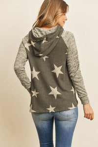 Thumbnail for Riah Fashion - Brushed Hacci Sleeve Rib Detail Star Print Hoodie With Drawstring - 3 COLORS -