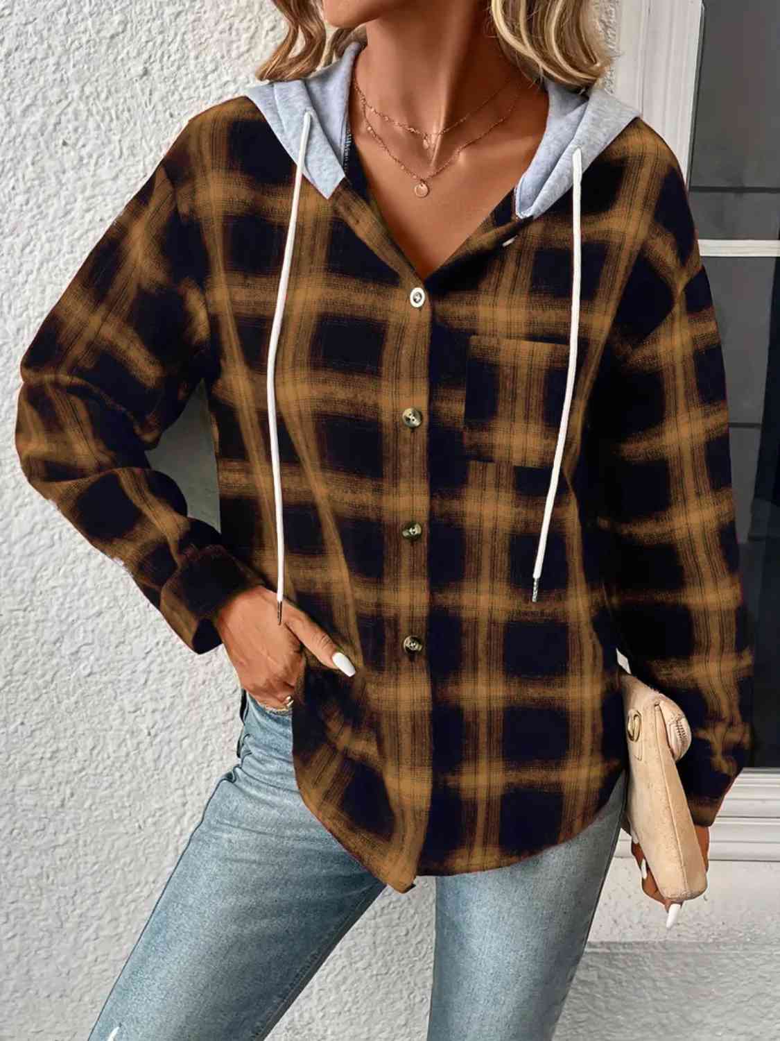 Plaid Drawstring Button Up Hooded Shirt - T - 5 COLORS -