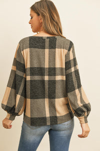 Thumbnail for Riah Fashion - Boat Neck Puff Sleeves Plaid Top - 3 COLORS -