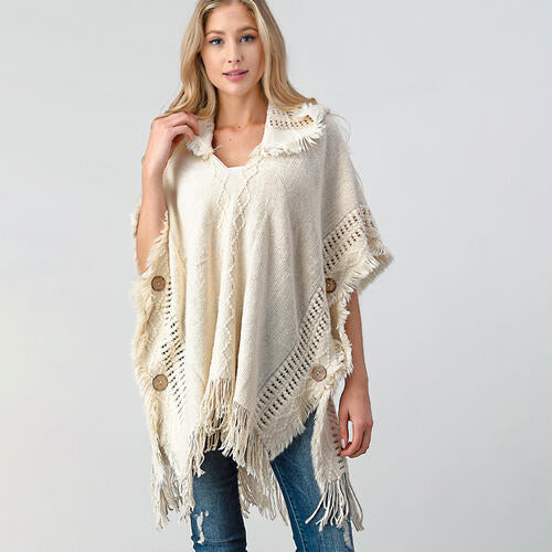 Fringed Crochet Buttoned Hooded Poncho - T - 1 COLOR -