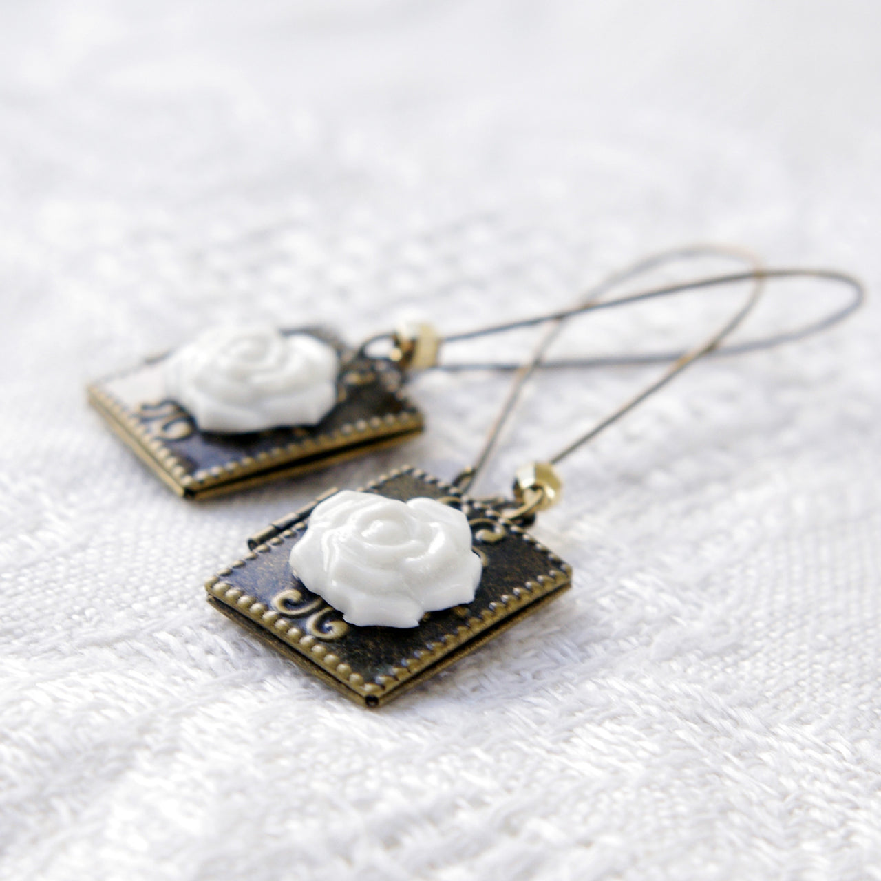 Classic Porcelain Rose on Vintage Book Locket Earrings -