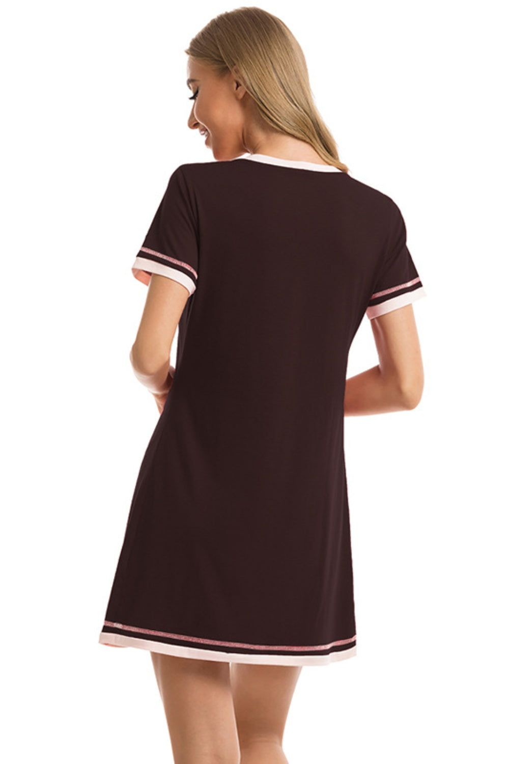 Contrast Trim Short Sleeve Lounge Dress - T - 11 COLORS -