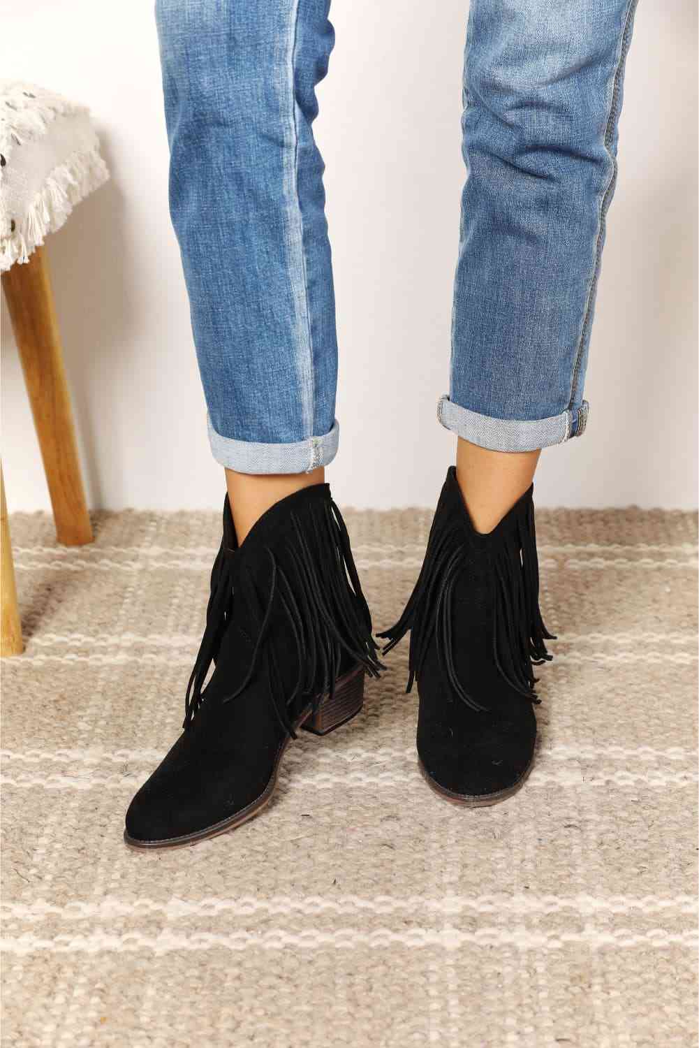 Faux Suede Legend Women's Fringe Cowboy Western Ankle Boots - T - 1 COLOR -