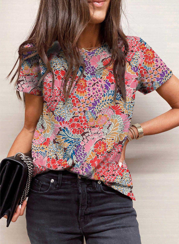 Women's Short Sleeve Floral Print Round Neck Pullover - K - 1 COLOR / PATTERN -