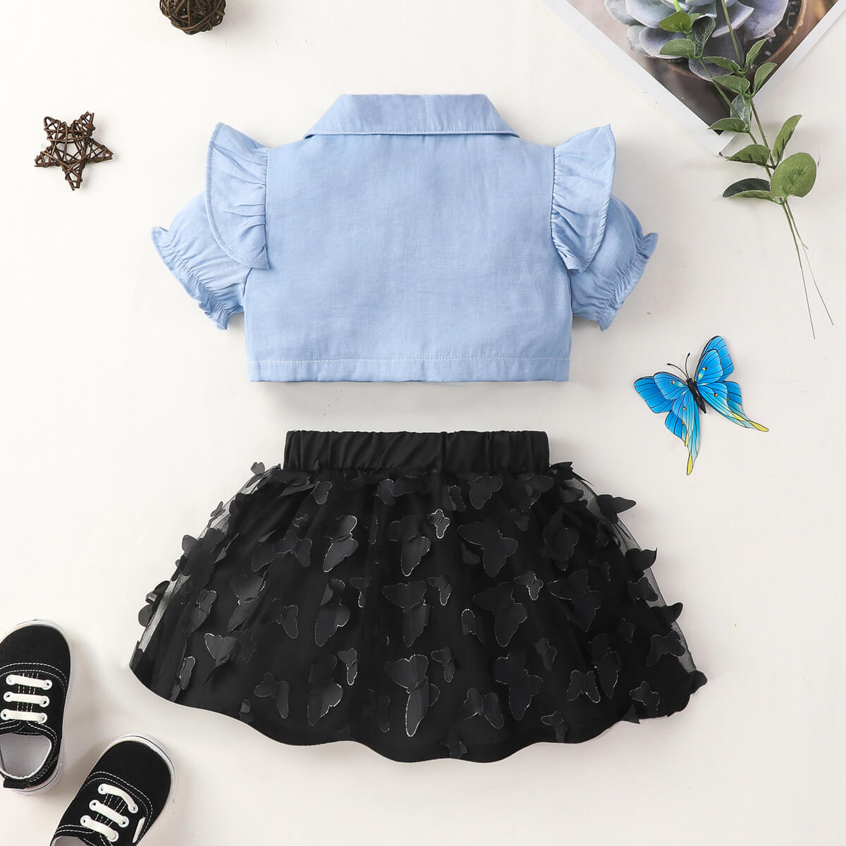 Ruffle Shoulder Shirt and Butterfly Applique Skirt Set - 2 PCS. - T - 2 COLOR COMBOS -