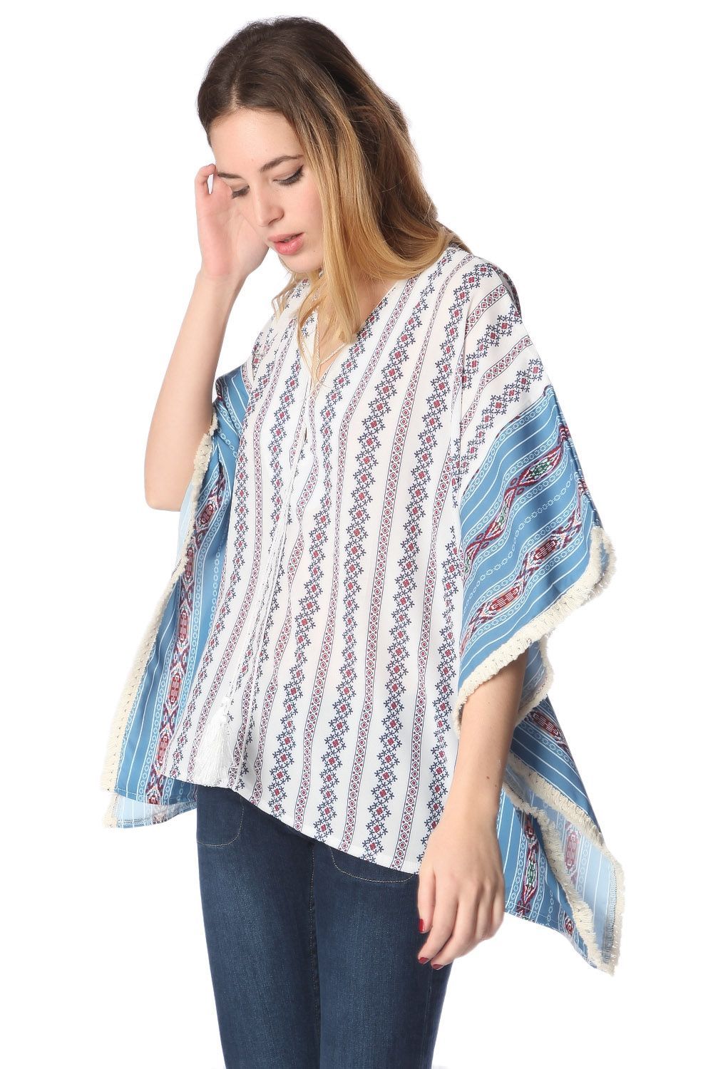 Q2 - Blue Oversized Poncho Top in Tribe Print - 1 SIZE - 1 COLOR -