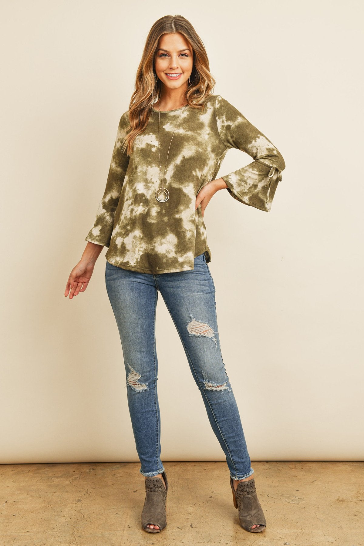 Riah Fashion - Tie Dye Bell Sleeved Ribbon Detail Swing Top - 3 COLORS -