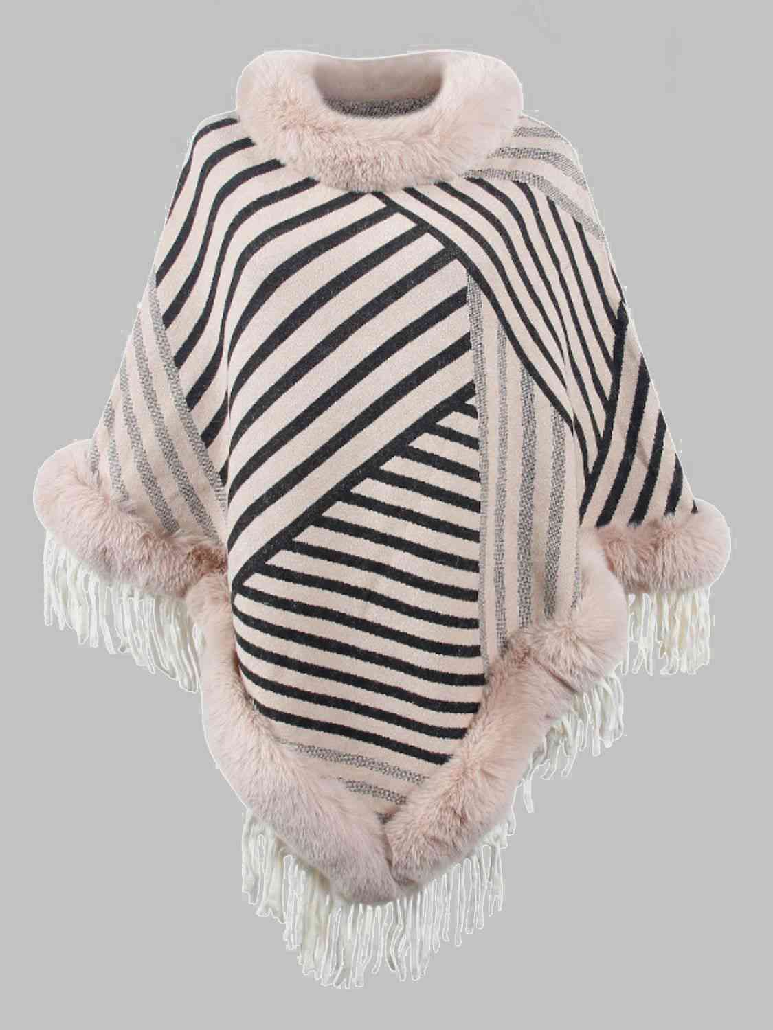 Striped Fringe Hem Poncho - T - 5 COLORS -