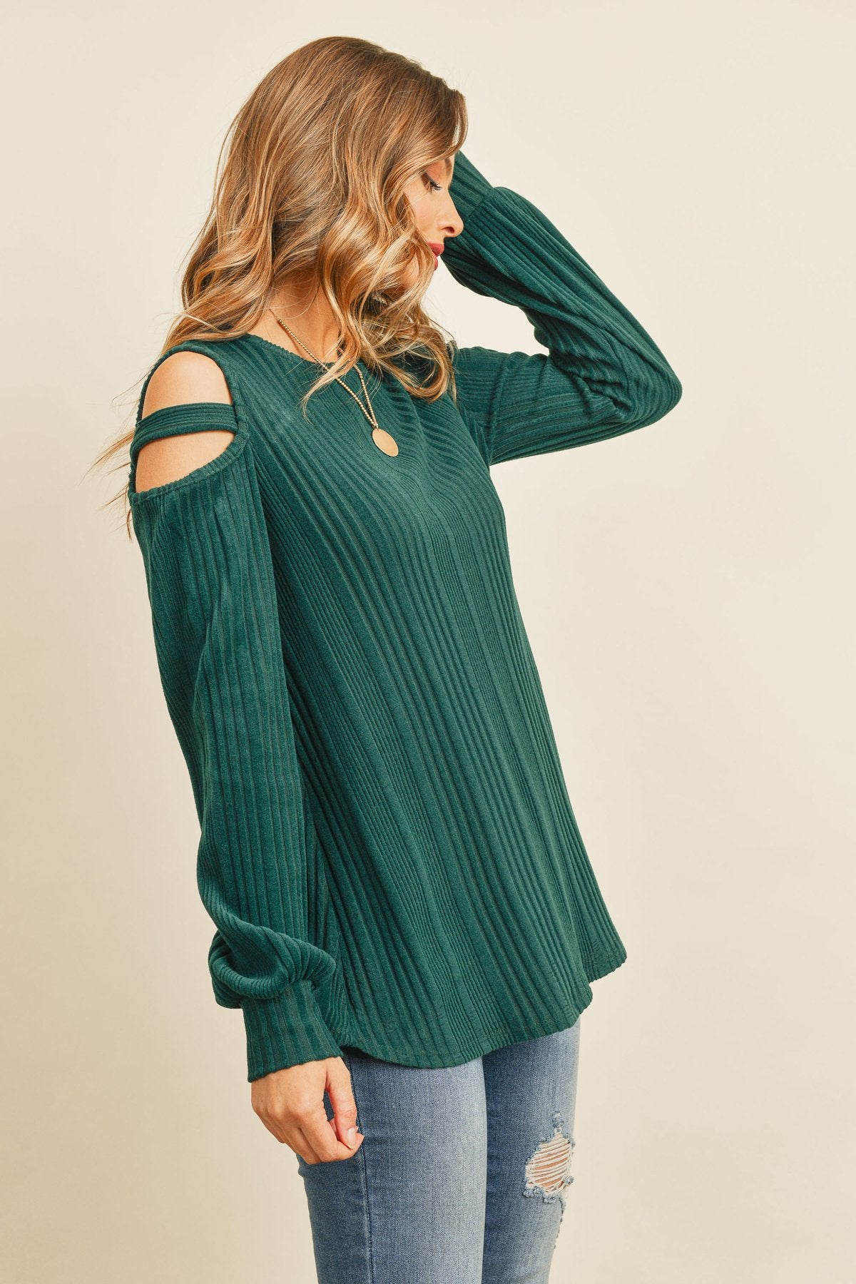 Riah Fashion - Ladder Open Shoulder Long Sleeved Rib Detail Top - 4 COLORS -