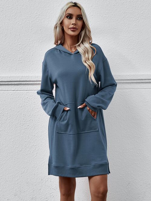 Slit Long Sleeve Hooded Dress with Pocket - T - 9 COLORS -