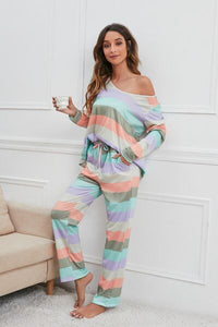 Thumbnail for Striped Round Neck Long Sleeve Top and Drawstring Pants Lounge Set - 2 PCS. - T - 4 COLORS -