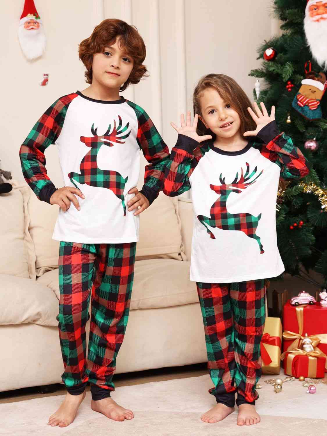 KIDS Reindeer Graphic Top and Plaid Pants Set - T -