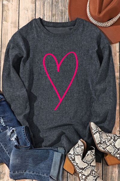 Heart Round Neck Dropped Shoulder Sweatshirt - T - 4 COLORS -