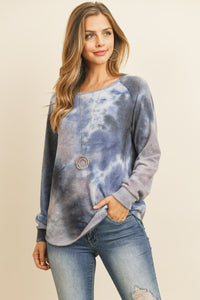 Thumbnail for Riah Fashion - Long Sleeve Boat Neck Tie Dye Round Hem Top - 3 COLORS -